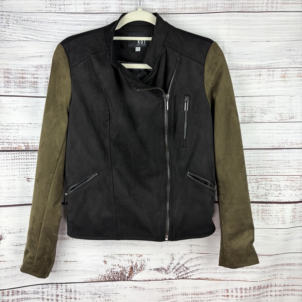 Kut From The Kloth Moto Jacket Sz XS Two Tone Faux Suede Black/Olive Green Zip